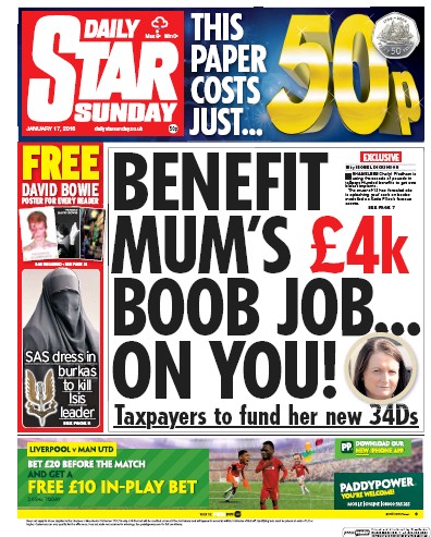 Daily Star Sunday Newspaper Front Page (UK) for 17 January 2016