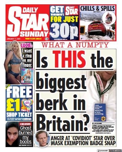 Daily Star Sunday Newspaper Front Page (UK) for 17 January 2021