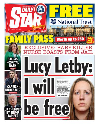 Daily Star Sunday Newspaper Front Page (UK) for 18 January 2026