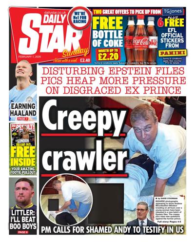Daily Star Sunday Newspaper Front Page (UK) for 1 February 2026