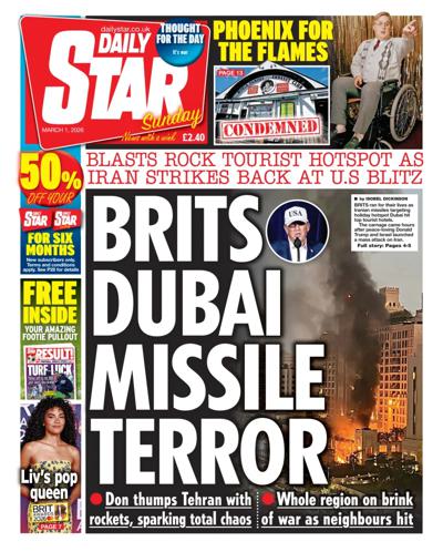 Daily Star Sunday Newspaper Front Page (UK) for 1 March 2026