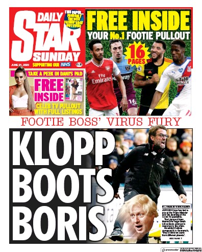 Daily Star Sunday Newspaper Front Page (UK) for 21 June 2020