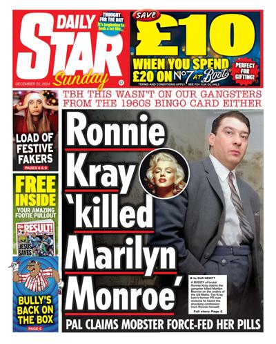 Daily Star Sunday Newspaper Front Page (UK) for 22 December 2024