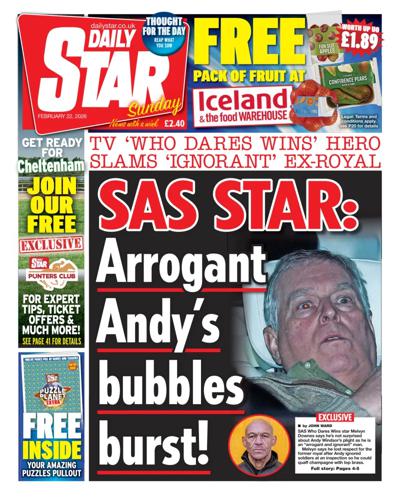 Daily Star Sunday Newspaper Front Page (UK) for 22 February 2026