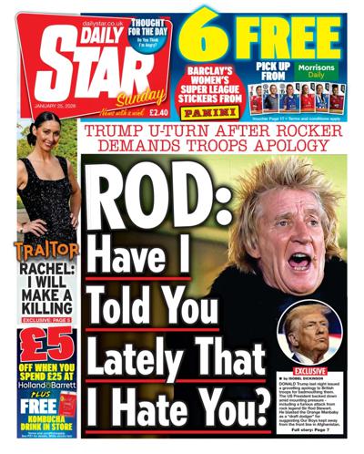 Daily Star Sunday Newspaper Front Page (UK) for 25 January 2026