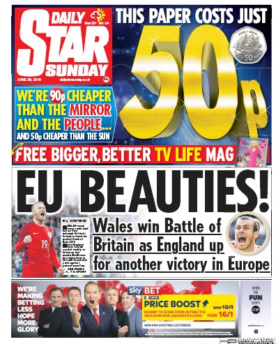 Daily Star Sunday Newspaper Front Page (UK) for 26 June 2016