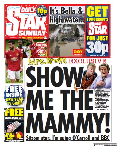 Daily Star Sunday Newspaper Front Page (UK) for 27 December 2020