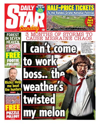 Daily Star Sunday Newspaper Front Page (UK) for 2 February 2025