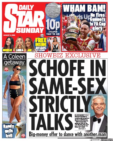 Daily Star Sunday Newspaper Front Page (UK) for 2 August 2020