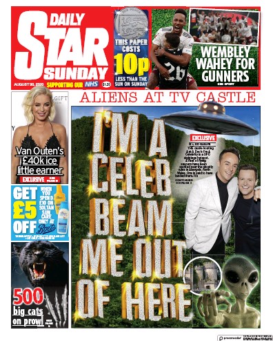 Daily Star Sunday Newspaper Front Page (UK) for 30 August 2020