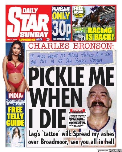 Daily Star Sunday Newspaper Front Page (UK) for 31 May 2020