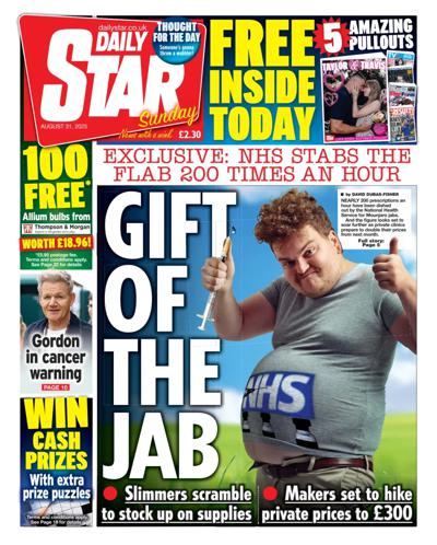Daily Star Sunday Newspaper Front Page (UK) for 31 August 2025