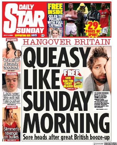 Daily Star Sunday Newspaper Front Page (UK) for 5 July 2020