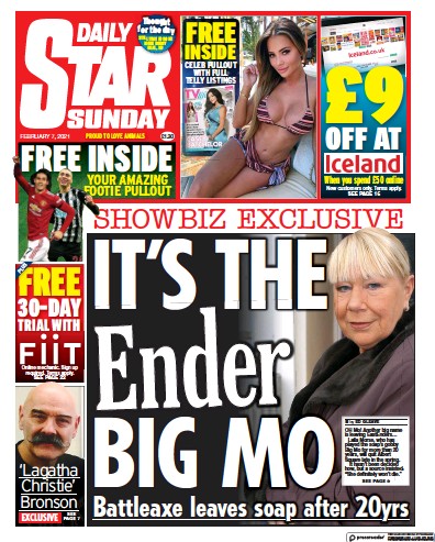 Daily Star Sunday Newspaper Front Page (UK) for 7 February 2021