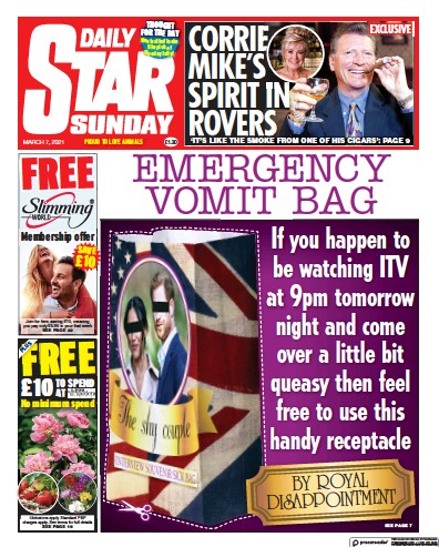 Daily Star Sunday Newspaper Front Page (UK) for 7 March 2021