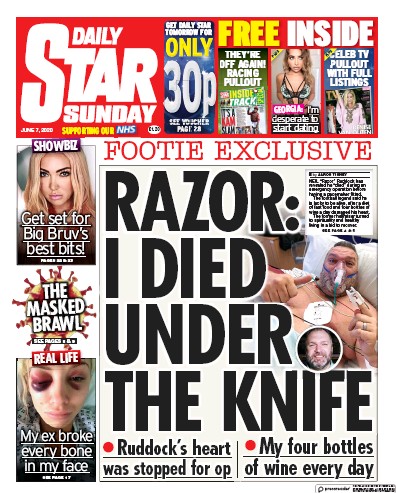 Daily Star Sunday Newspaper Front Page (UK) for 7 June 2020