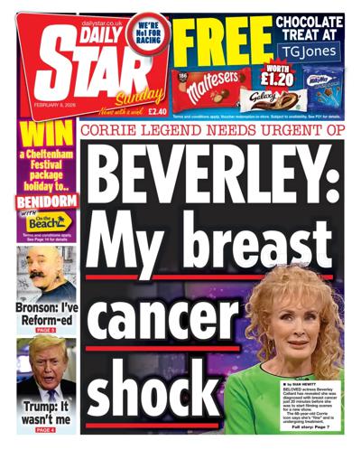 Daily Star Sunday Newspaper Front Page (UK) for 8 February 2026