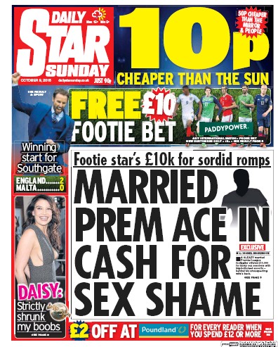 Daily Star Sunday Newspaper Front Page (UK) for 9 October 2016