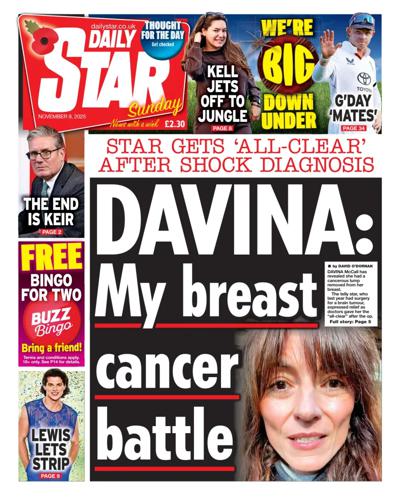 Daily Star Sunday Newspaper Front Page (UK) for 9 November 2025