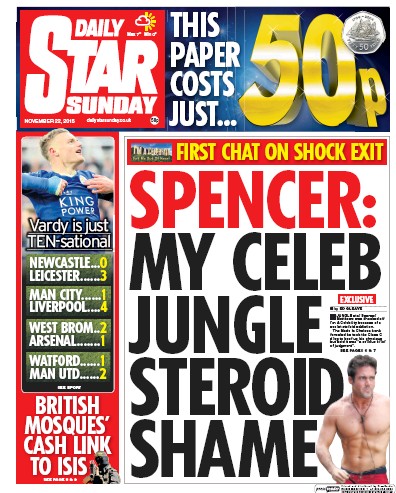 Daily Star Sunday Newspaper Front Page (UK) for 22 November 2015