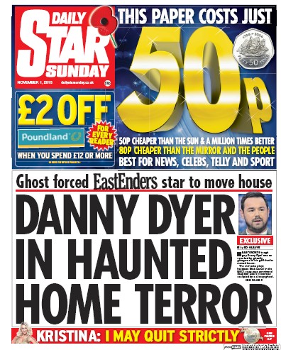 Daily Star Sunday Newspaper Front Page (UK) for 7 November 2015