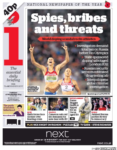 I Newspaper Newspaper Front Page (UK) for 10 November 2015