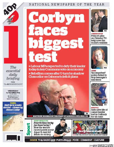 I Newspaper Newspaper Front Page (UK) for 14 October 2015