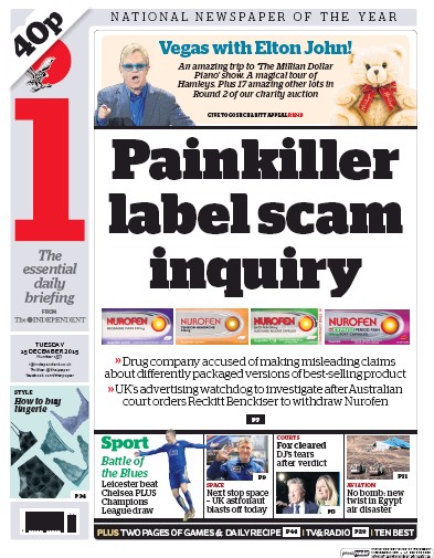 I Newspaper Newspaper Front Page (UK) for 15 December 2015