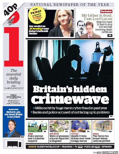 I Newspaper Newspaper Front Page (UK) for 16 October 2015