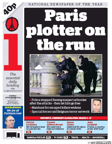 I Newspaper Newspaper Front Page (UK) for 16 November 2015