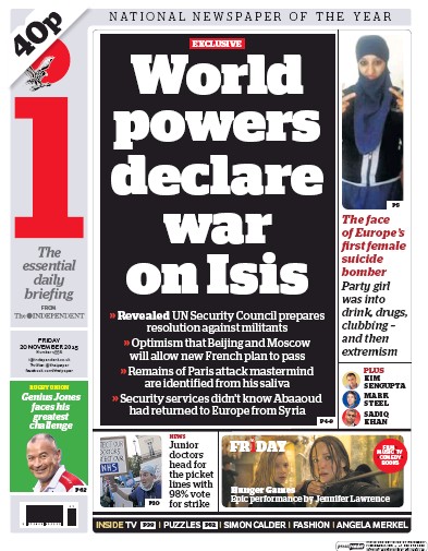 I Newspaper Newspaper Front Page (UK) for 20 November 2015