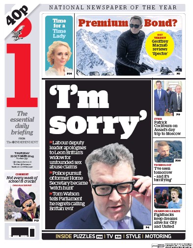 I Newspaper Newspaper Front Page (UK) for 22 October 2015