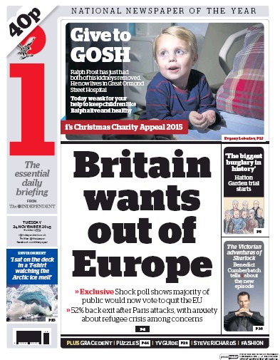 I Newspaper Newspaper Front Page (UK) for 24 November 2015