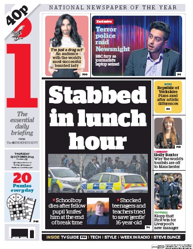 I Newspaper Newspaper Front Page (UK) for 29 October 2015