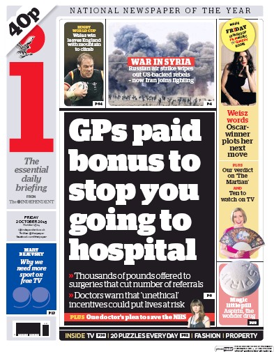 I Newspaper Newspaper Front Page (UK) for 2 October 2015