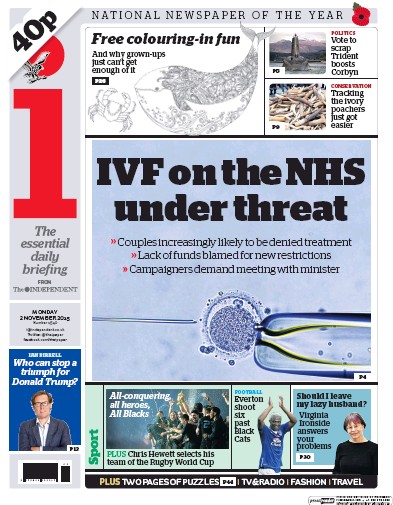 I Newspaper Newspaper Front Page (UK) for 2 November 2015