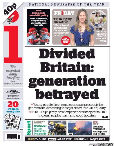 I Newspaper Newspaper Front Page (UK) for 30 October 2015