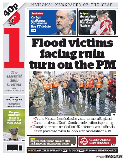 I Newspaper Newspaper Front Page (UK) for 30 December 2015