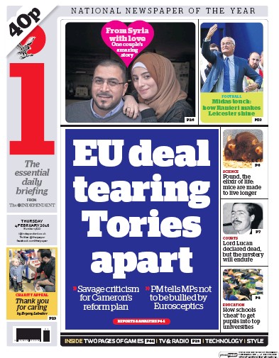 I Newspaper Newspaper Front Page (UK) for 4 February 2016