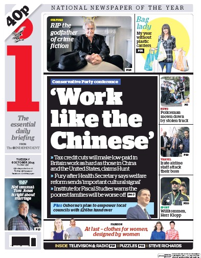 I Newspaper Newspaper Front Page (UK) for 6 October 2015