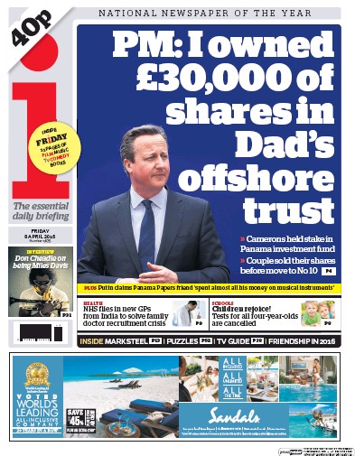 I Newspaper Newspaper Front Page (UK) for 8 April 2016