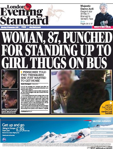 London Evening Standard Newspaper Front Page (UK) for 10 November 2015