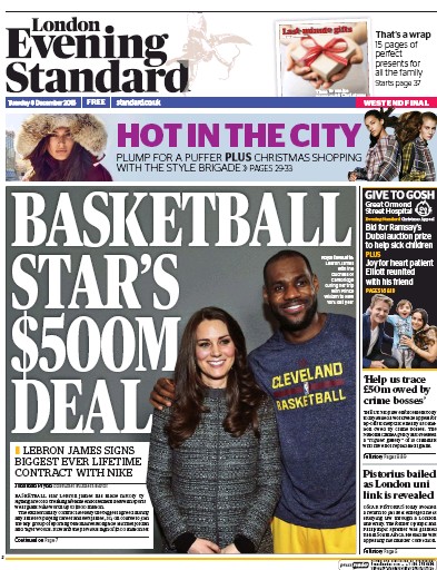 London Evening Standard Newspaper Front Page (UK) for 10 December 2015