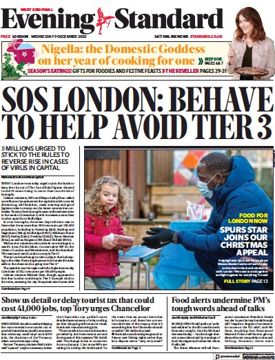 London Evening Standard Newspaper Front Page (UK) for 10 December 2020