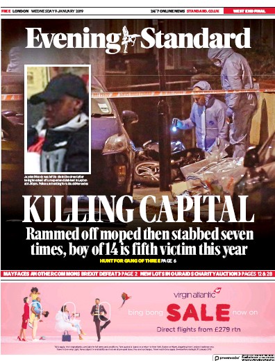 London Evening Standard Newspaper Front Page (UK) for 10 January 2019