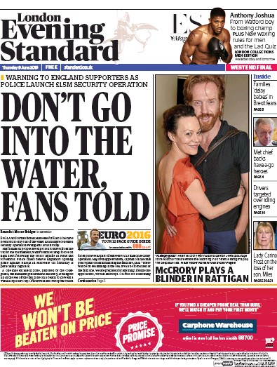 London Evening Standard Newspaper Front Page (UK) for 10 June 2016