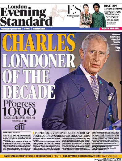 London Evening Standard Newspaper Front Page (UK) for 10 September 2016