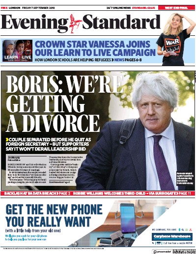 London Evening Standard Newspaper Front Page (UK) for 10 September 2018