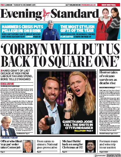 London Evening Standard Newspaper Front Page (UK) for 11 December 2019