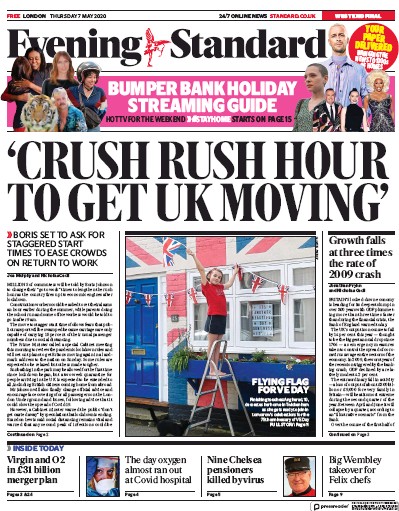 London Evening Standard Newspaper Front Page (UK) for 11 May 2020